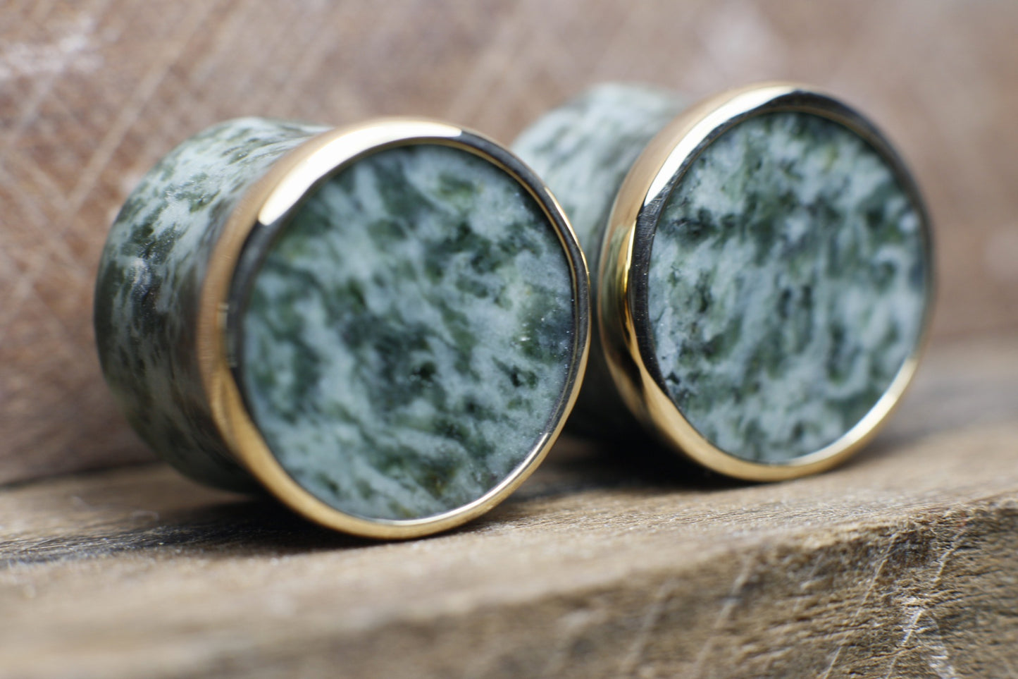 14mm chalchihuitl plugs with gold bezel - Ready to ship