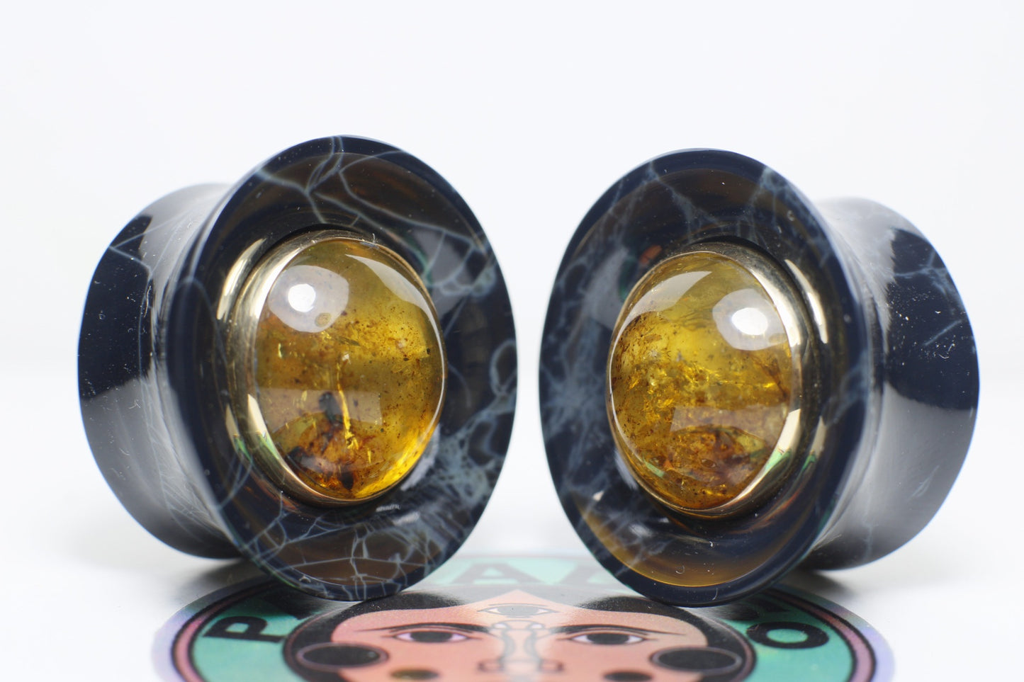 Spiderweb obsidian, amber in gold bezel inlay mayan flare plugs - Made to order