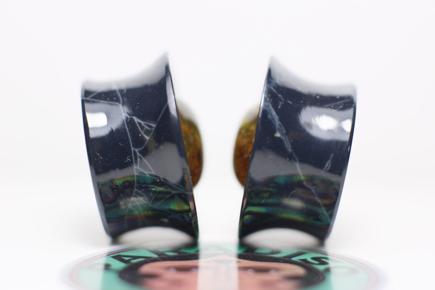 Spiderweb obsidian, amber in gold bezel inlay mayan flare plugs - Made to order