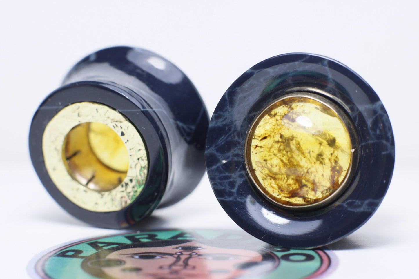 Spiderweb obsidian, amber in gold bezel inlay mayan flare plugs - Made to order