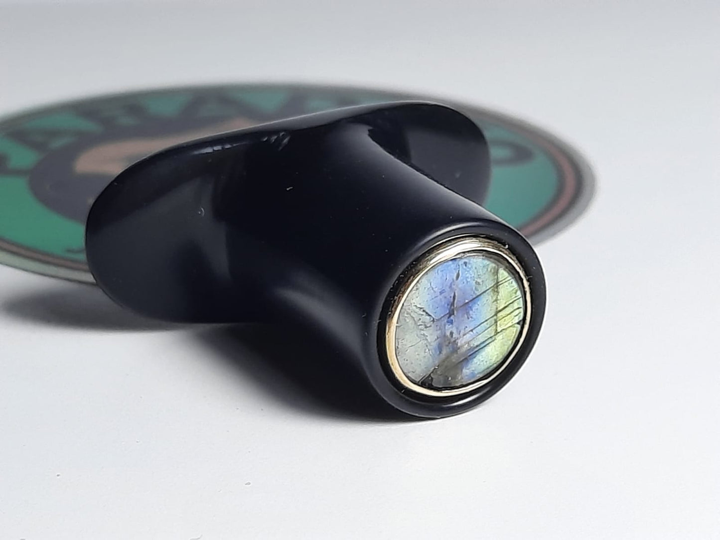 Delrin round labret labradorite inlay with gold bezel - Made to order