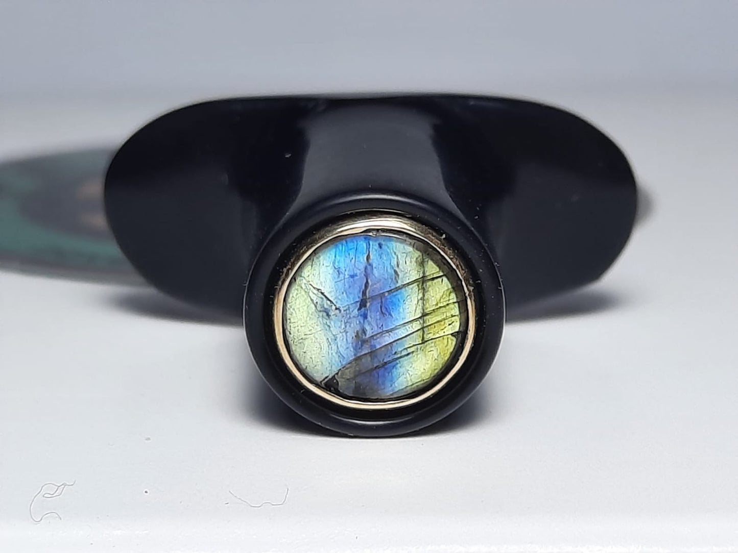 Delrin round labret labradorite inlay with gold bezel - Made to order