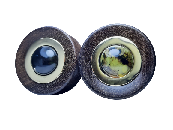 Katalox wood plugs with amber and gold bezel inlay - Made to order