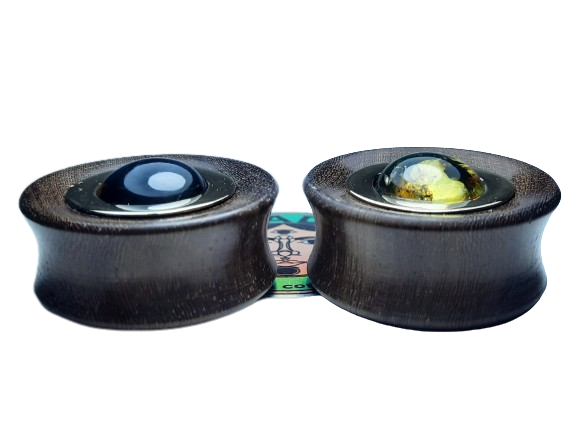 Katalox wood plugs with amber and gold bezel inlay - Made to order