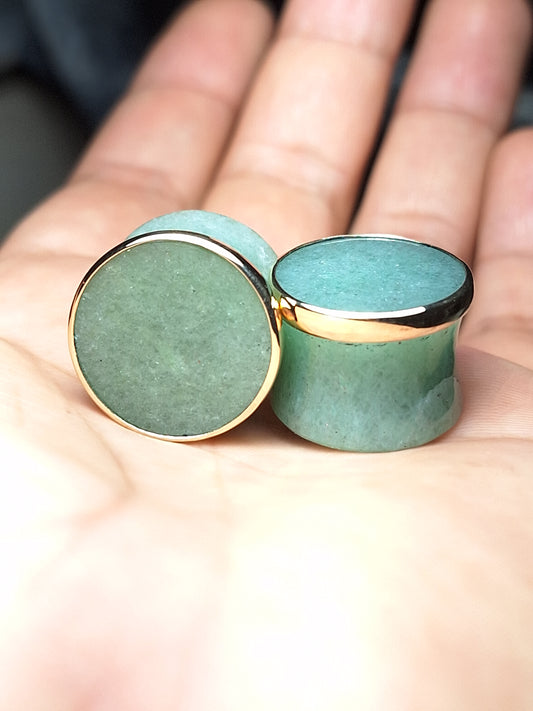 17 mm plugs de cuarzo verde y bisel dorado - Listas para envío