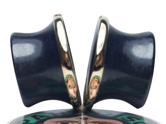 Black jade mayan flare plugs with gold bezel - Made to order 