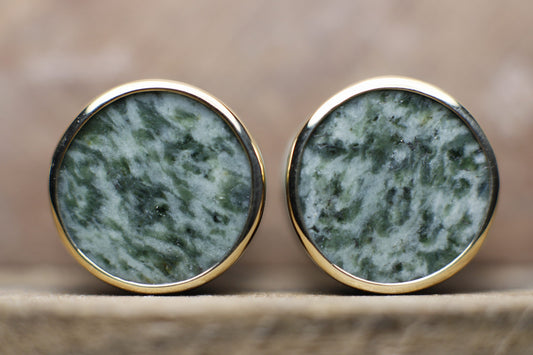 14mm chalchihuitl plugs with gold bezel - Ready to ship