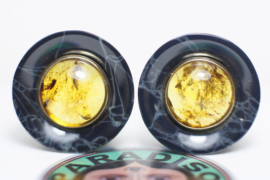 Spiderweb obsidian, amber in gold bezel inlay mayan flare plugs - Made to order