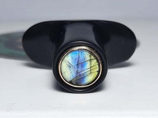 Delrin round labret labradorite inlay with gold bezel - Made to order