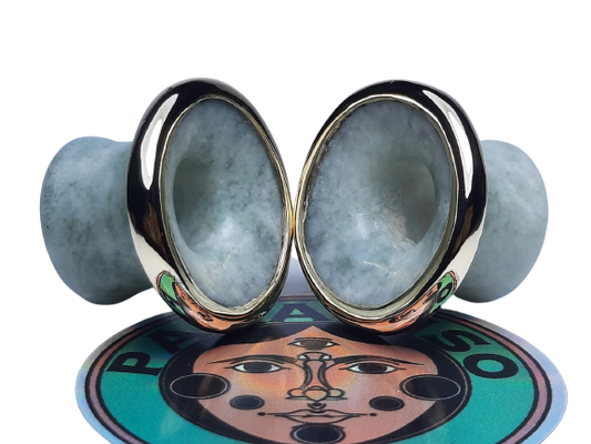 Green jade mayan flare plugs and golden bezel - Made to order