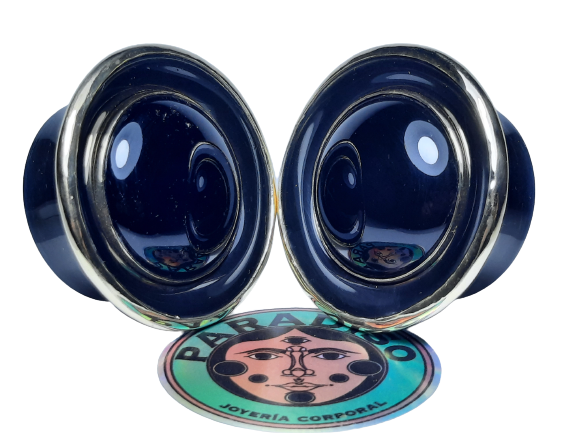 Delrin, double bezel and black obsidian inlay mayan flare plugs - Made to order