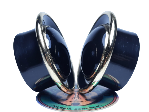 Delrin, double bezel and black obsidian inlay mayan flare plugs - Made to order