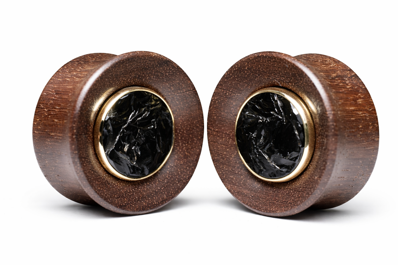 Plugs de Katalox, obsidiana natural y bisel dorado - Mandar a fabricar